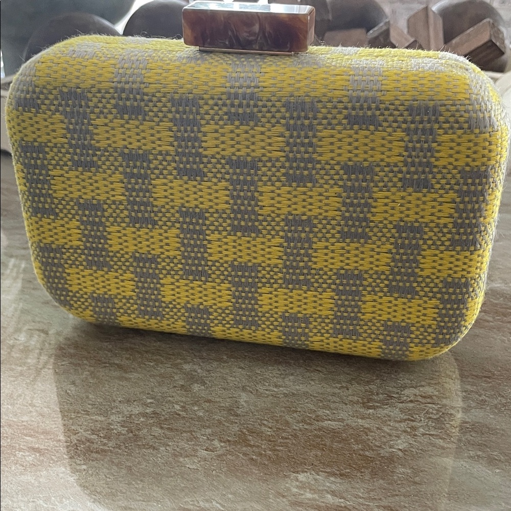 Woven Yellow and Gray Rectangle Clutch with Tortoiseshell Clasp